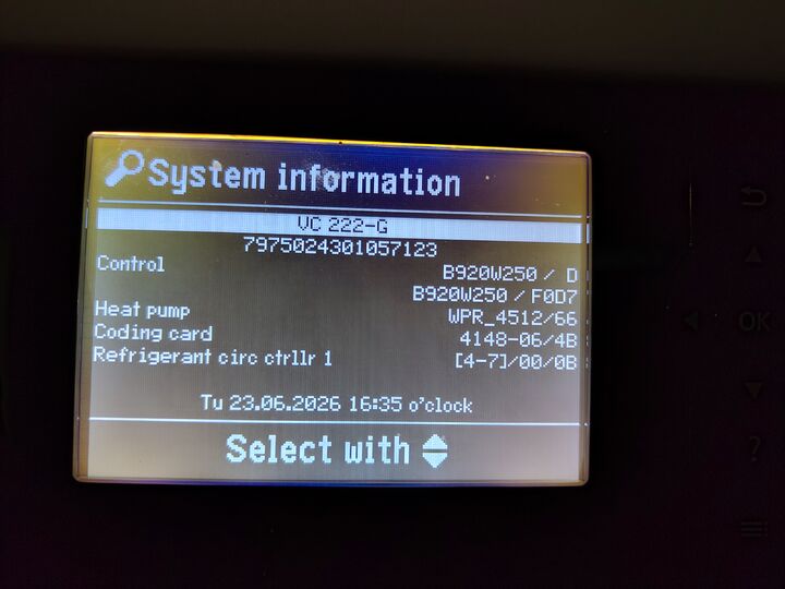 System information screen. Front control panel.